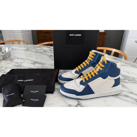YSL SAINT LAURENT 610618 SL24 LEATHER SNEAKERS MID TOP WHITE BLUE SZ 41 - Picture 3 of 10